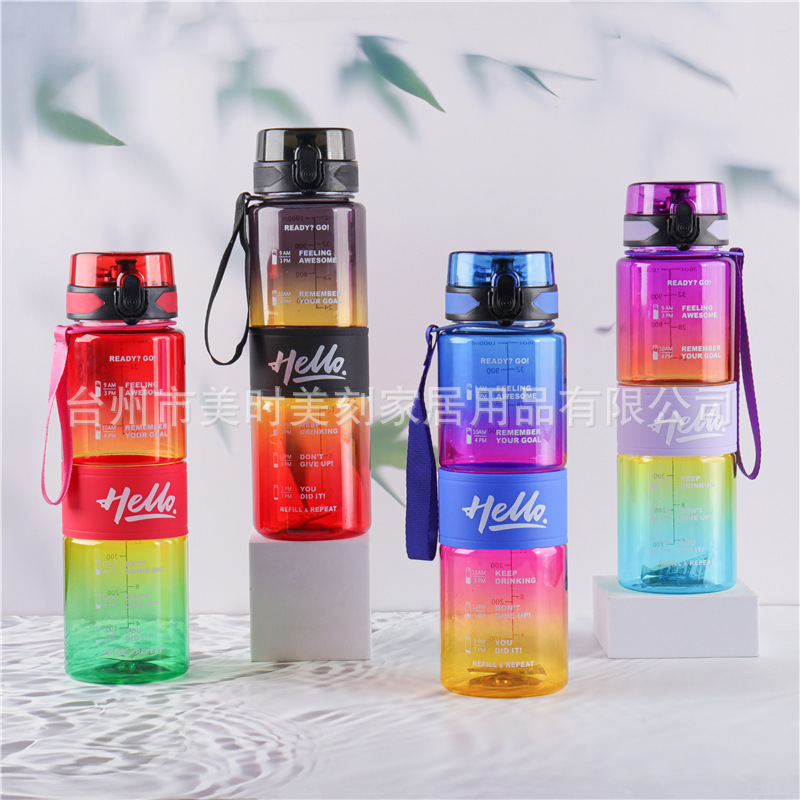 Hervidor deportivo nuevo colorido con gradiente, taza espacial con cuerda de mano, cubierta de rebote y pajita, taza de agua de plástico.