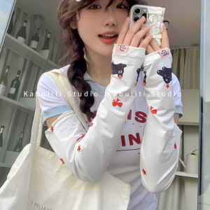卡通可爱蝴蝶结猫咪冰丝防晒护袖手袖套长手套夏季户外开车女手臂
