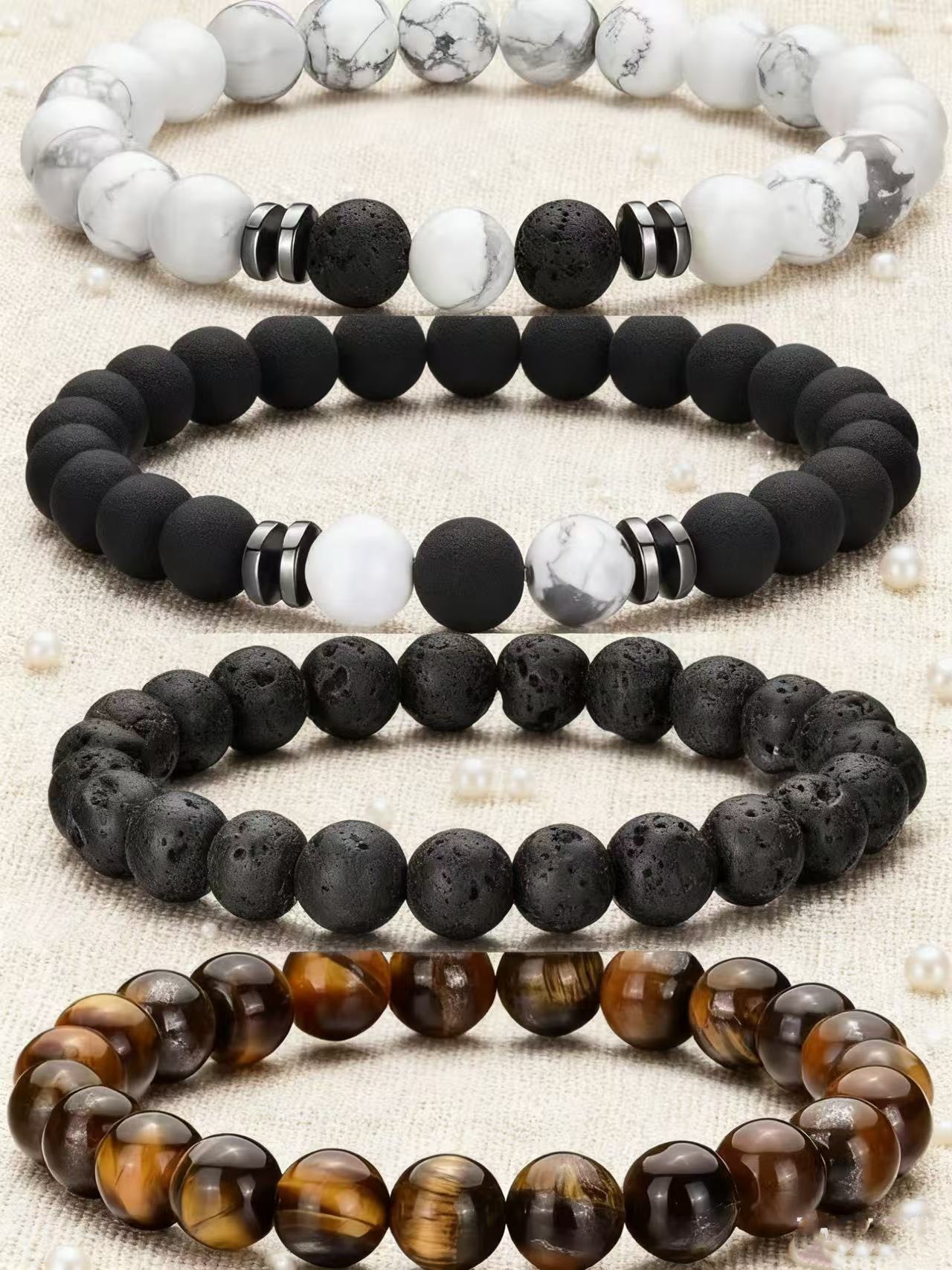 Conjunto de 4 pulseiras elásticas de alta qualidade e estilo masculino com contas de pedra vulcânica olho de tigre e turquesa branca para casais._voghion.com