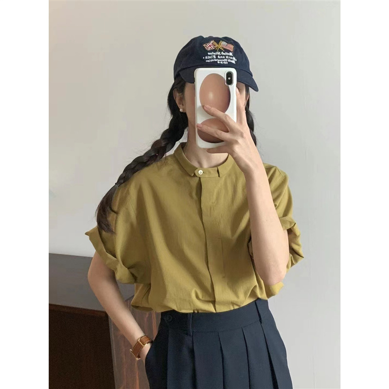 South Korea Dongdaemun Egg House Solid Color Small Lapel Design Slimming Rolled Hem Short Sleeve Shirt Top for Women Summer