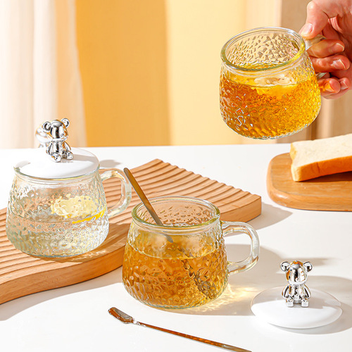 Hammered bear glass coffee cup simple ins style women's water cup with handle and lid breakfast cup transparent tea cup