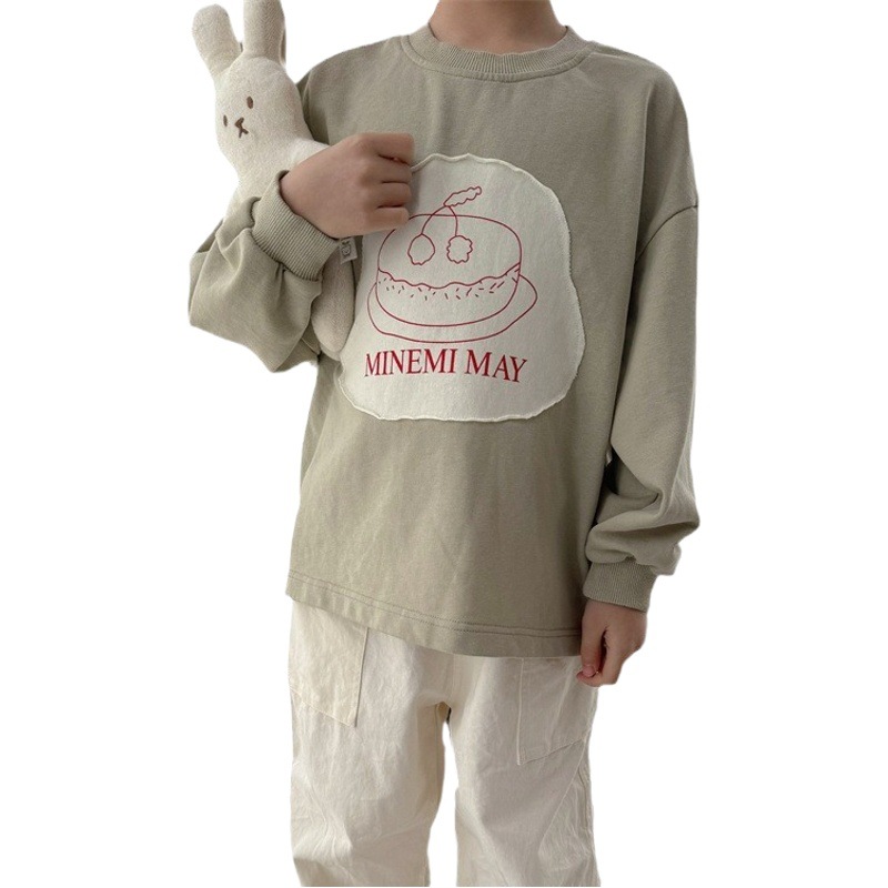 2024 primavera estilo coreano carta de dibujos animados para niños camiseta moda niños y niñas cuello redondo manga larga parche impreso camiseta