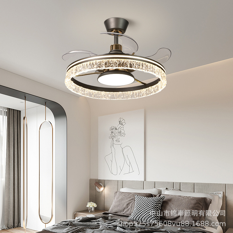 Lámpara de ventilador colgante de grieta de hielo Lámpara de ventilador invisible Iluminación de decoración del hogar minimalista moderna, dormitorio, comedor, hogar, lámpara de ventilador de una pieza