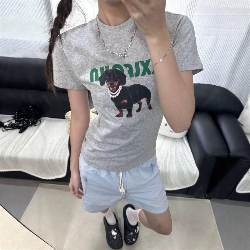 White Round Neck, Straight Shoulder, Pure Cotton Short-Sleeved T-Shirt for Women, Summer American Fashion Brand Cartoon Dog Print Casual Top White Round Neck, Straight Shoulder, Pure Cotton Short-Sleeved T-Shirt for Women, Summer American Fashion Brand Cartoon Dog Print Casual Top