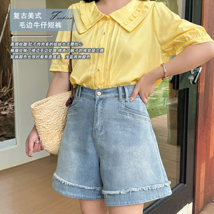 2025 Summer Plus Size Women's Vintage American Style Raw Hem Denim Shorts Yc269