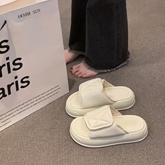 新款魔術貼拖鞋女夏外穿高級感踩屎感厚底一字拖網紅沙灘涼拖