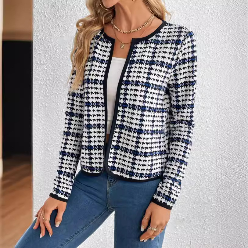 Women's Clothing temperament commuter women's jacket round neck plaid short coat_desvips.com