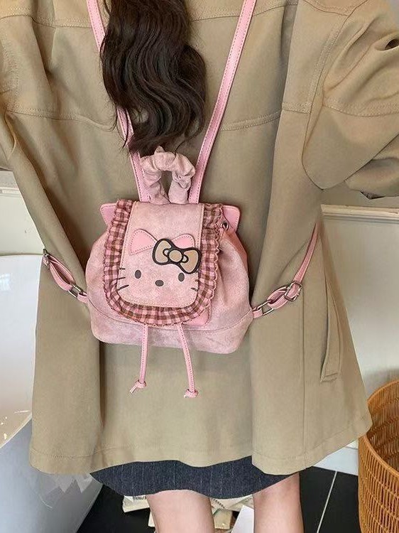 韩版复古卡通kitty猫双肩包包女甜美花边学生书包时尚百搭小背包|undefined
