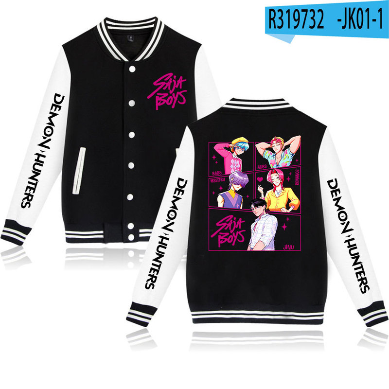 KPop Demon Hunters亚马逊速卖通2D烫画棒球服黑白撞色开衫外套|undefined