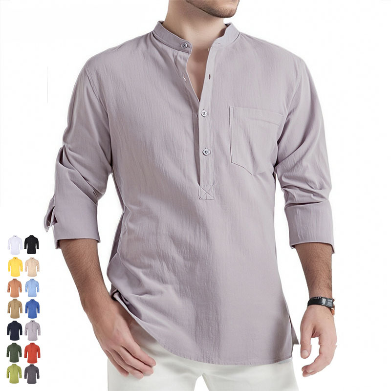 Amazon tamaño europeo camisa de los hombres algodón Henley camisa soporte collar camisa Lino los hombres manga larga fábrica directa en stock camisa
