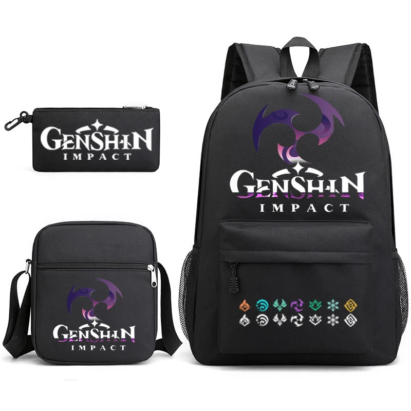 Backpack set (Genshin) 3‑piece — backpack, one‑shoulder bag, pencil case, assorted colors