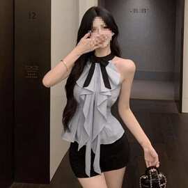 设计感蓝色挂脖蝴蝶结荷叶边衬衫女夏季无袖收腰超仙露肩高弹