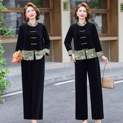 妈妈秋装复古金丝绒套装洋气中老年女装春秋新中式唐装上衣两件套