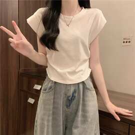 正肩短袖t恤女夏季2025新款港味ins风修身显瘦小众飞飞袖短款上衣
