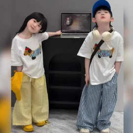 女童夏季韩版腊肠狗短袖T恤格子裤套装女孩时髦夏装洋气休闲潮
