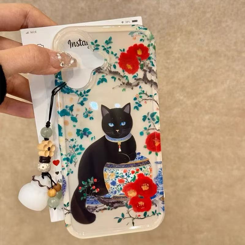 Ilustración creativa de celadón de flor roja de hoja verde para Apple 16promax funda para teléfono móvil para niña 15/14pro coreano 13