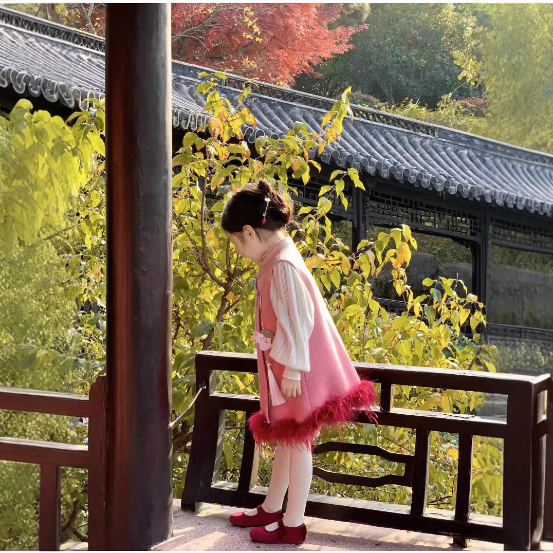 (2개) 2024 년 겨울새 아동복 신년복 걸스 국민스타일 양모 원피스 그라디언트 수정 청삼 원피스