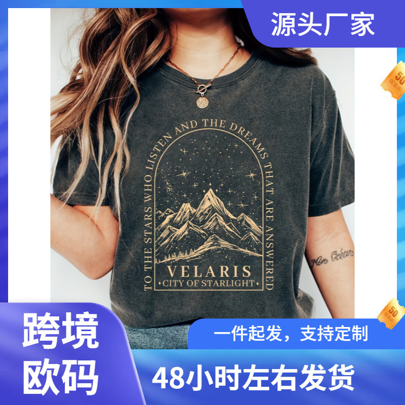 Starlight City Villaris Pattern T-shirt, Textile Crewneck T-shirt, Casual Style, Dress Style, Knitted