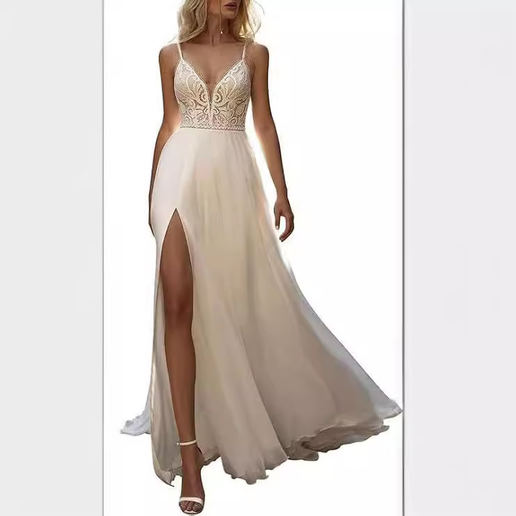 Thin Strap Backless Wedding Dress For Brides Simple Sexy Short Train Soft Tulle Lace Slimming Travel Photography_ecoleips.com