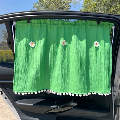 Car curtains — with Suction Cups, Car Interior Privacy - beautiful-green-three-little-flowers-car-curtain-1-piece-free-suction-cup-rope