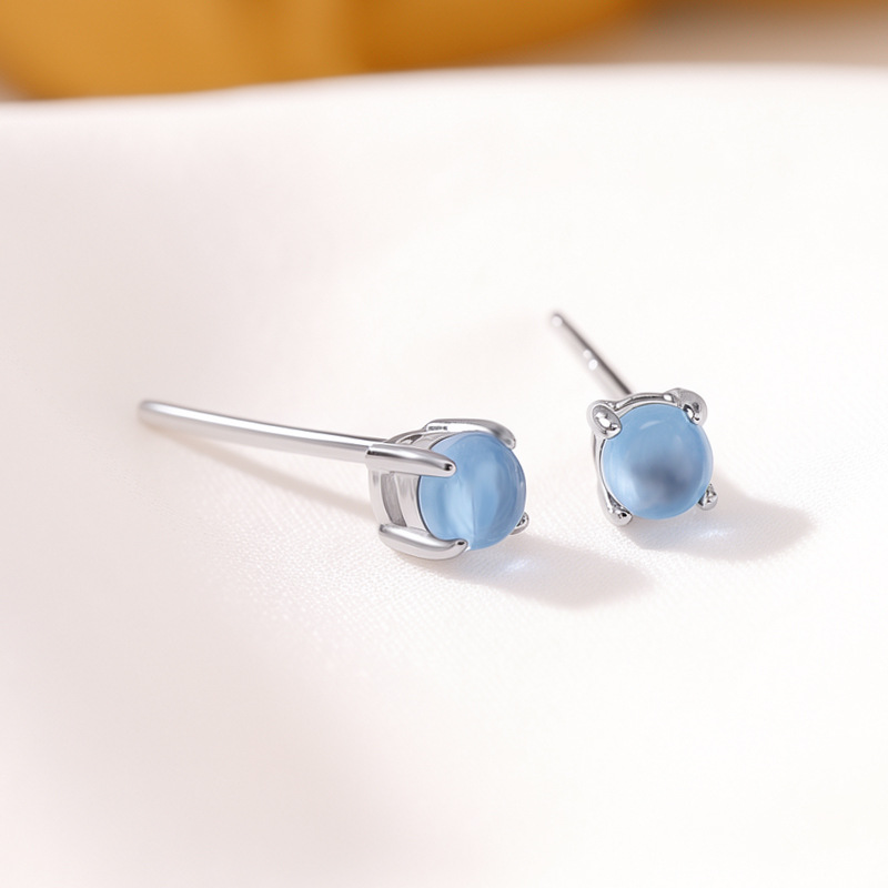 Bông tai nữ bạc S925 đính đá aquamarine hình tròn phong cách tối giản — Một đôi