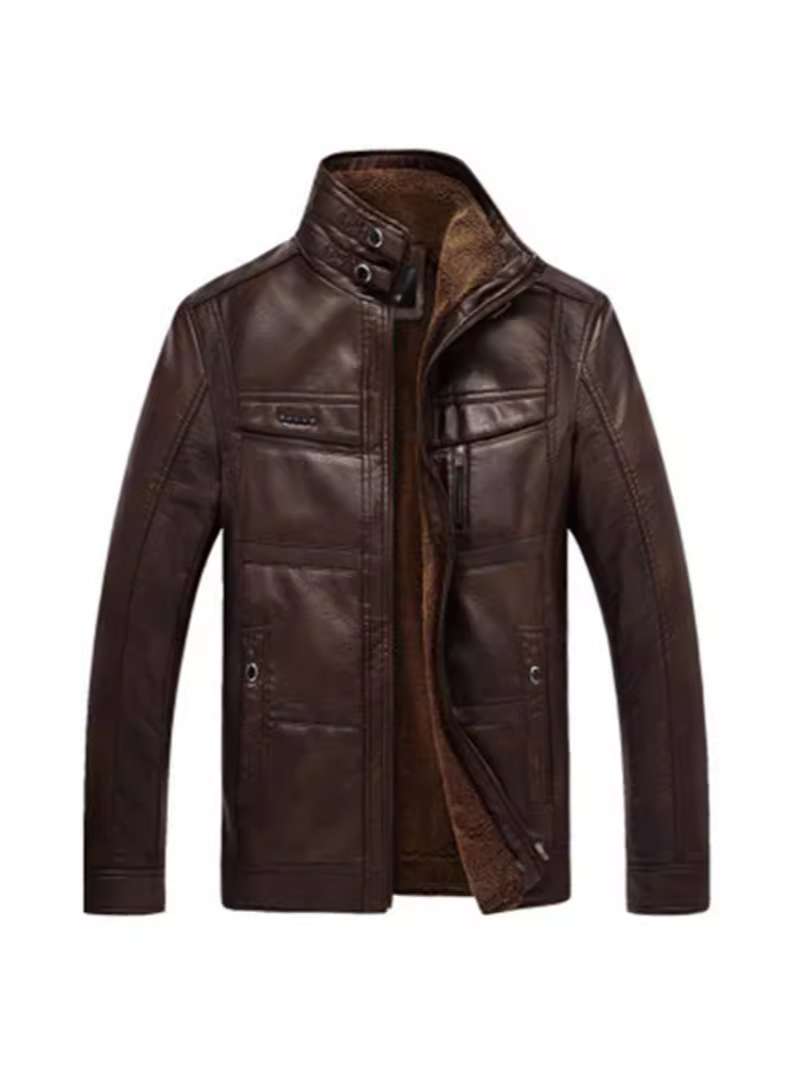 Chaqueta de cuero nueva con forro polar para hombre en invierno, cuello alto con cuello de piel, venta al por mayor del fabricante, estilo casual coreano.