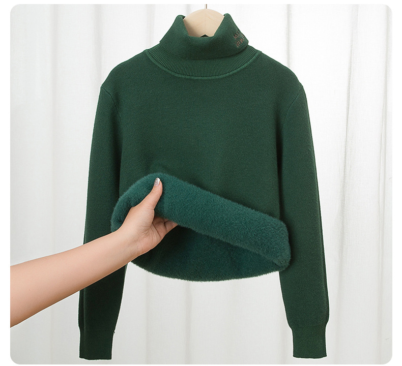Suéter de cuello alto grueso con forro polar para niños, tejido integrado para niños mayores, capa base de imitación de visón, diseño moderno con letras para niños pequeños y niños.
