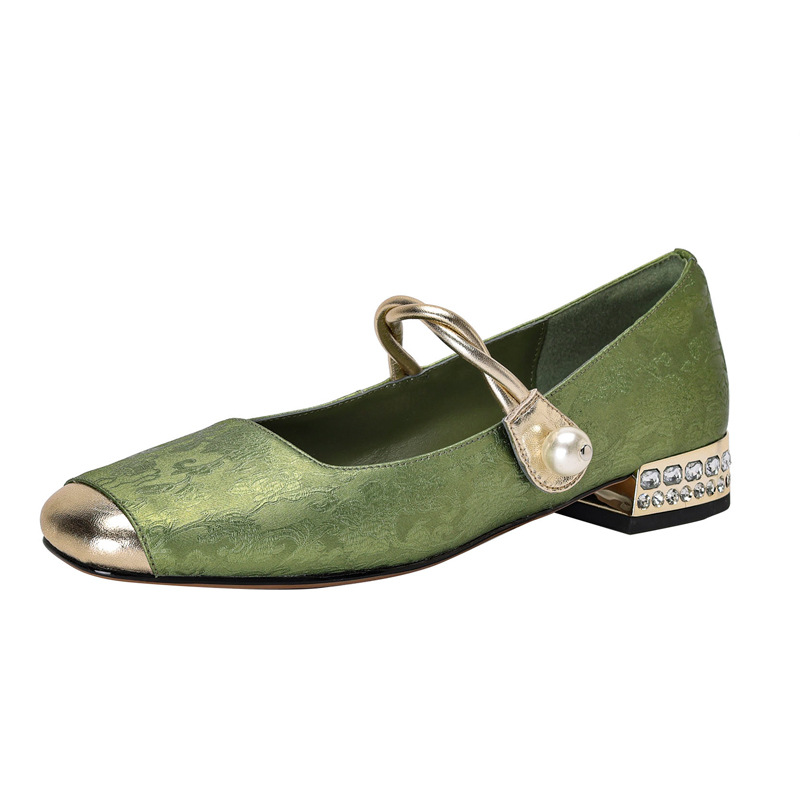 Trendy sur retro verde bordado chino estilo nacional tacón bajo diamantes de imitación francés Mary Jane zapatos individuales mujer fondo plano con falda