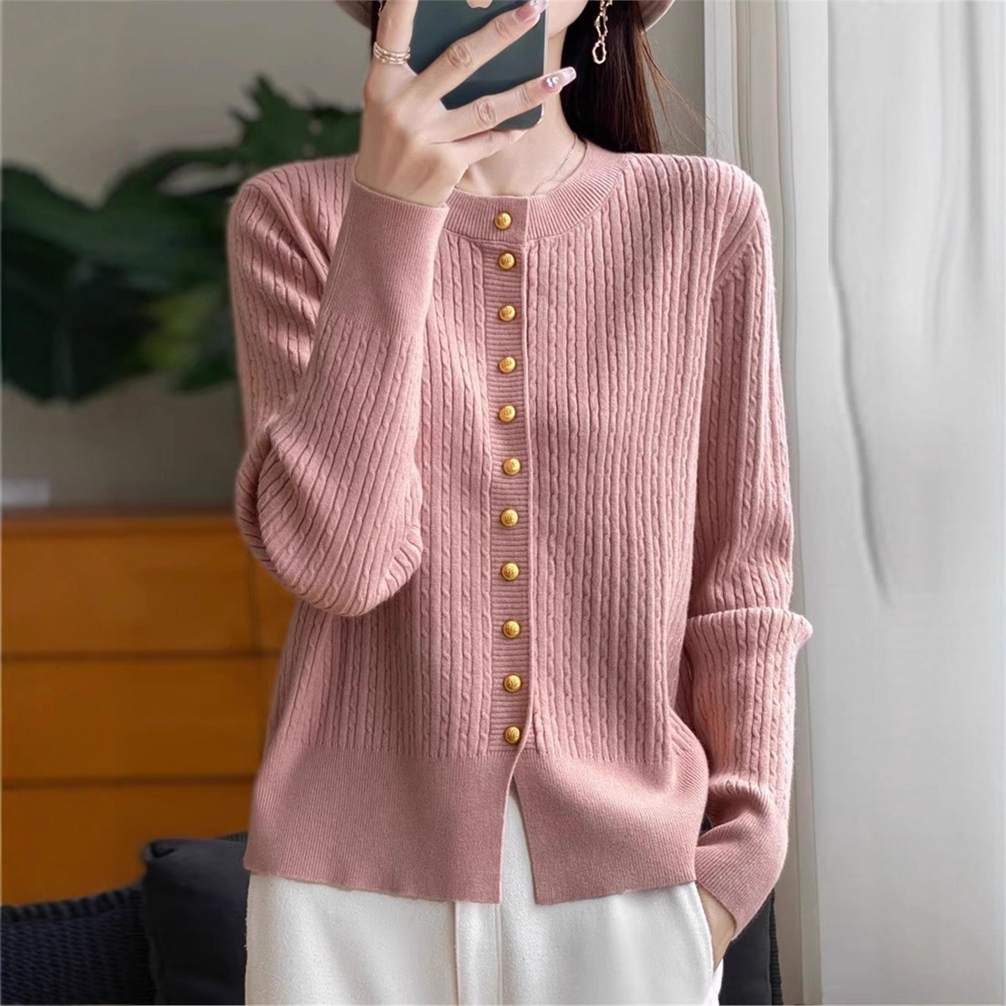 Autumn cardigan with a round collar