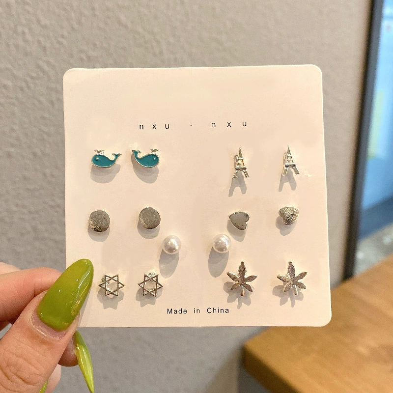 Earrings set, small elegant studs 2–12 pcs, pearl and charming motif designs