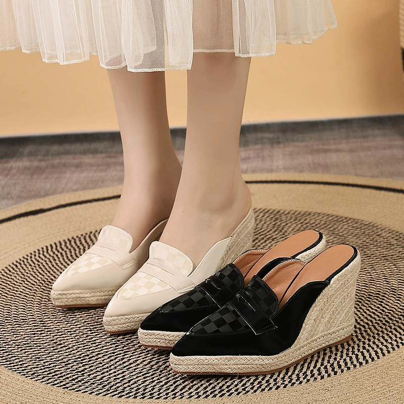 Amazon Весна Новая остроконечная танкетка Толстая подошва Высокий каблук Женская обувь Baotou Соломенная тканая подошва из пеньковой веревки Подошва AliExpress Cross-Border