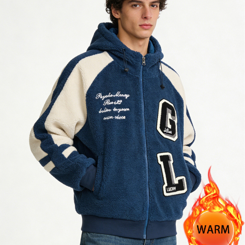 Winter Men's Cotton Coat with Lamb Wool Lining, Quilted Cotton Lining, Hooded, Thickened, Warm Cotton Coat, Cross-Border Patchwork Cotton Clothing