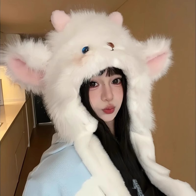 新款卡通小羊加绒加厚毛线帽子女保暖捏捏耳朵会动护耳帽防寒帽子|undefined