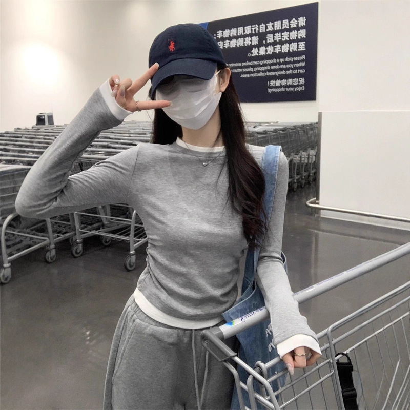 纯欲设计感秋季拼接撞色美式假两件褶皱长袖修身T恤显瘦上衣打底|undefined