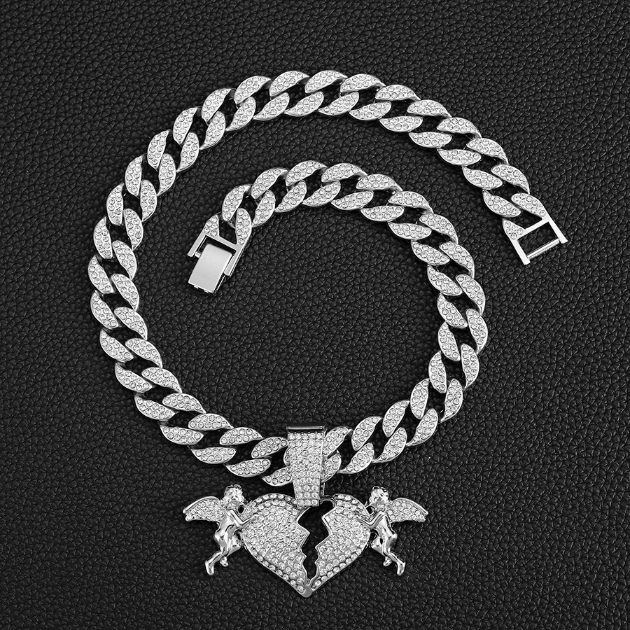 Alloy Chain Material Hip-Hop Angel Heart Shape Alloy Inlay Rhinestones Unisex Pendant Necklace Necklace Pendant Men Pendant Necklaces