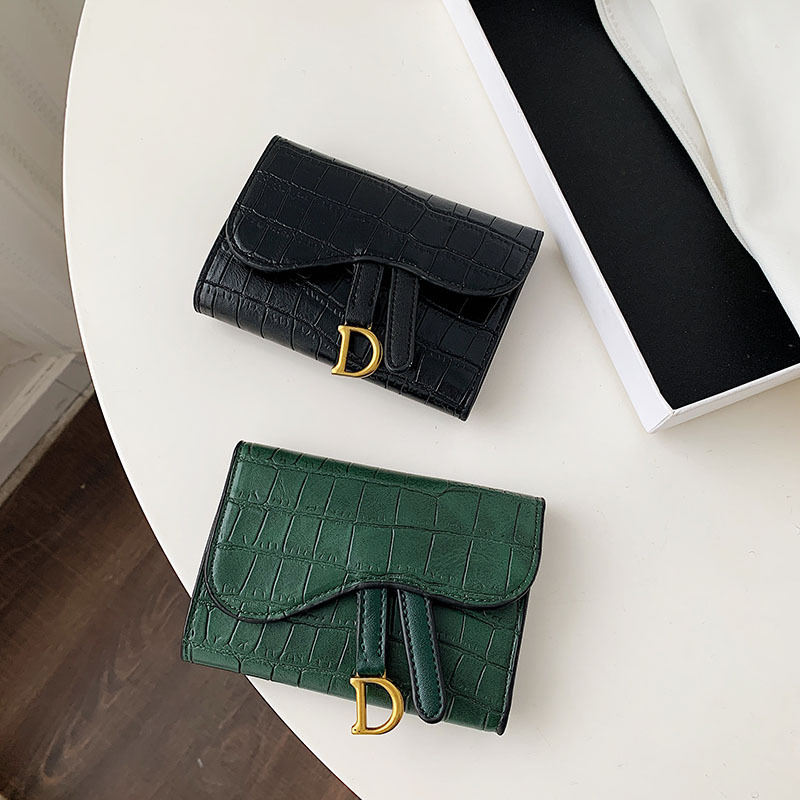 ins Small Wallet Women's Short 2023 New Korean-style Crocodile Embossed D-shaped Buckle Coin Purse Trendy Three-fold Card Bag