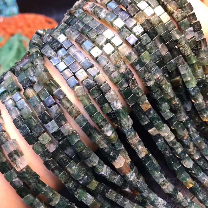 4*4MM Natural Crystal Aquatic Plants Agate Glossy Square Sugar Cube Loose Beads Semi-finished Long Chain Jewelry with Beads