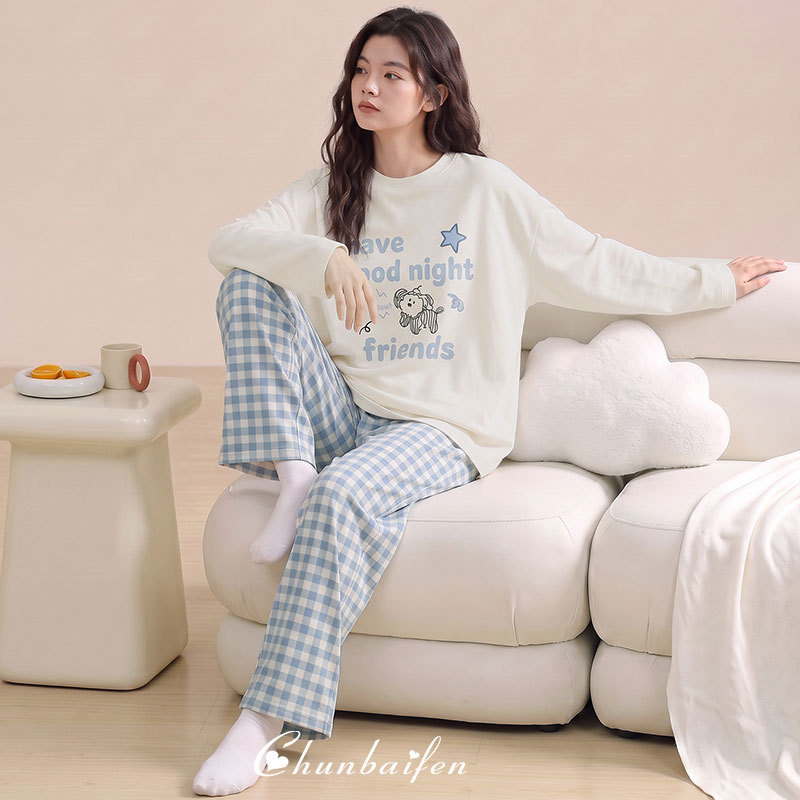Chunbaifen Spring and Autumn 2026 New Pure Cotton Pajamas for Girls with Chest Pads, Long Sleeve, Wearable as Home Clothing Set