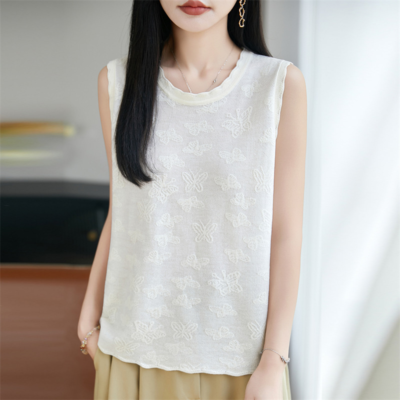 Lace Round Neck Fine Wool Thin Base Shirt Summer Stylish Jacquard Loose Versatile Sleeveless Inner Vest for Women
