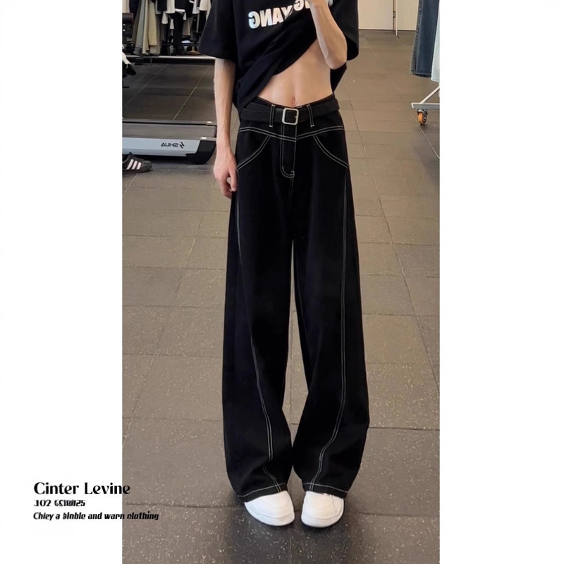 Cross-Border American High Street Black Topstitched Wide-Leg Jeans for Men, Retro High-Waisted Loose Straight-Leg Floor-Length Pants