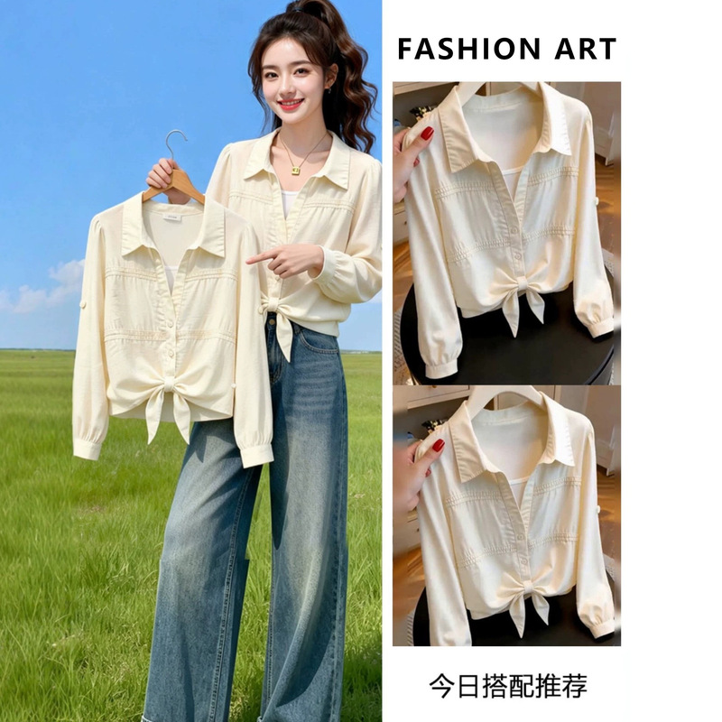 Rofen, a niche fabric designer brand, presents a stylish outfit featuring a tie-front shirt paired with elegant, straight-leg jeans for the autumn season