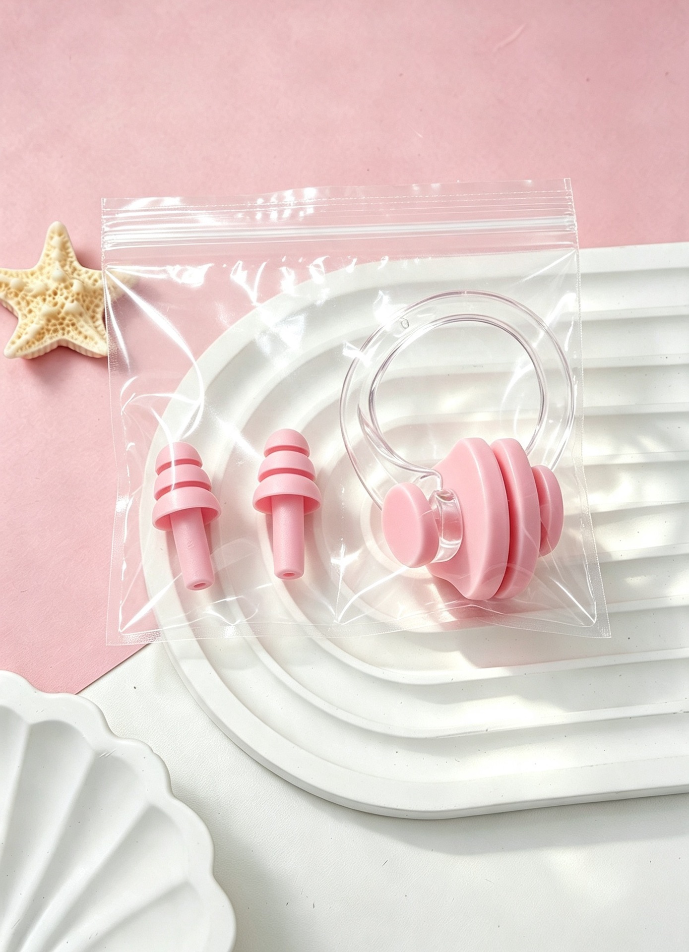 Earplugs, nose clip, fuchsia set