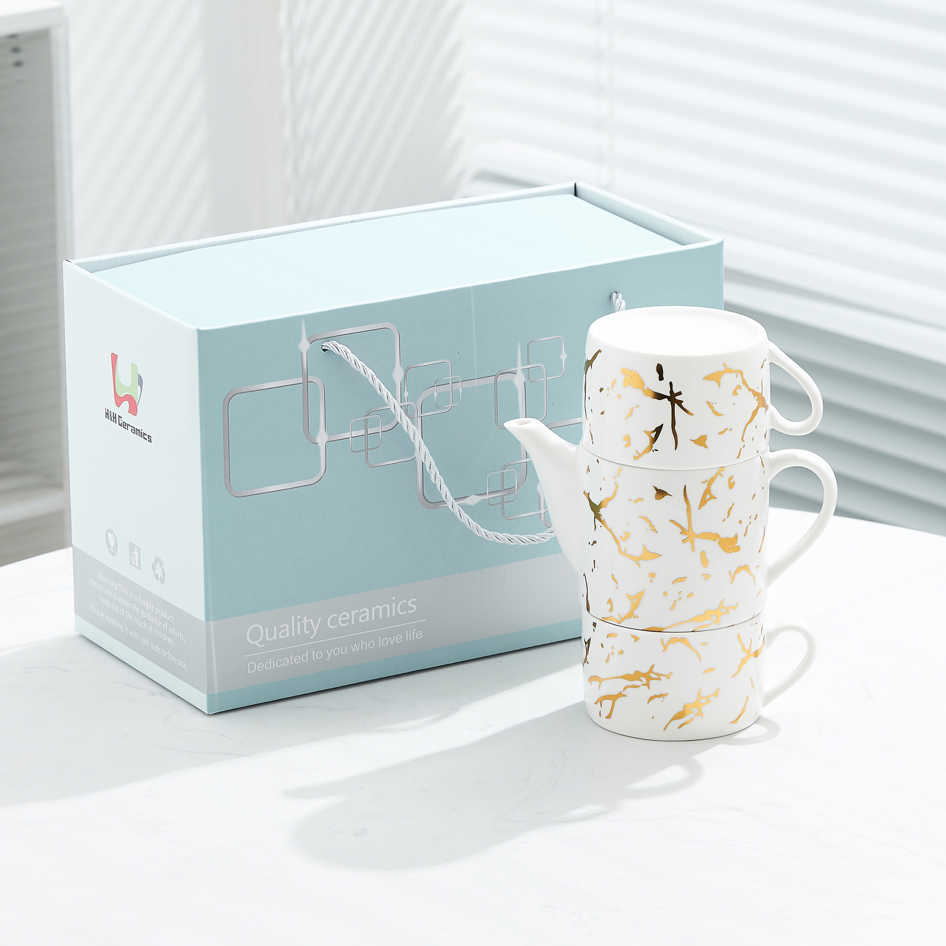 Oro marbling flor juego de té Nordic ins juego de té traje Luz de lujo tarde juego de té caja de regalo embalaje