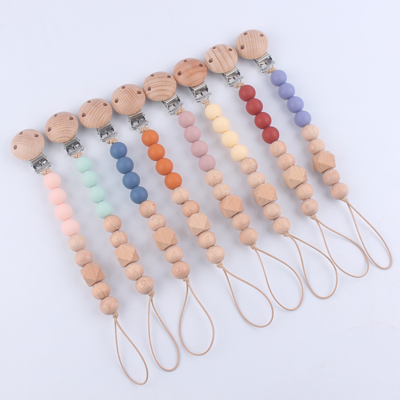 Nuevo bebé suministros clip de haya chupete calmante bebé silicona mordedura molar cadena anti-gota cadena