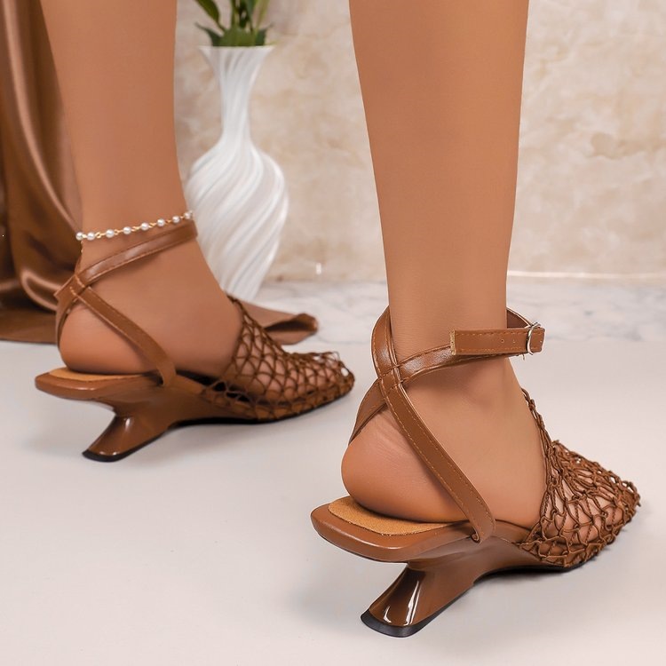 2026 New Brown Mesh Special-shaped Heel Sandals Square Head Buckle Low-heeled Women's Shoes_vogvips.com