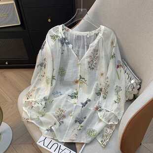 Real Shot of 2025 French V Neck Light and Breathable Floral Shirt Plus Size Women's Fat mm Summer New Style