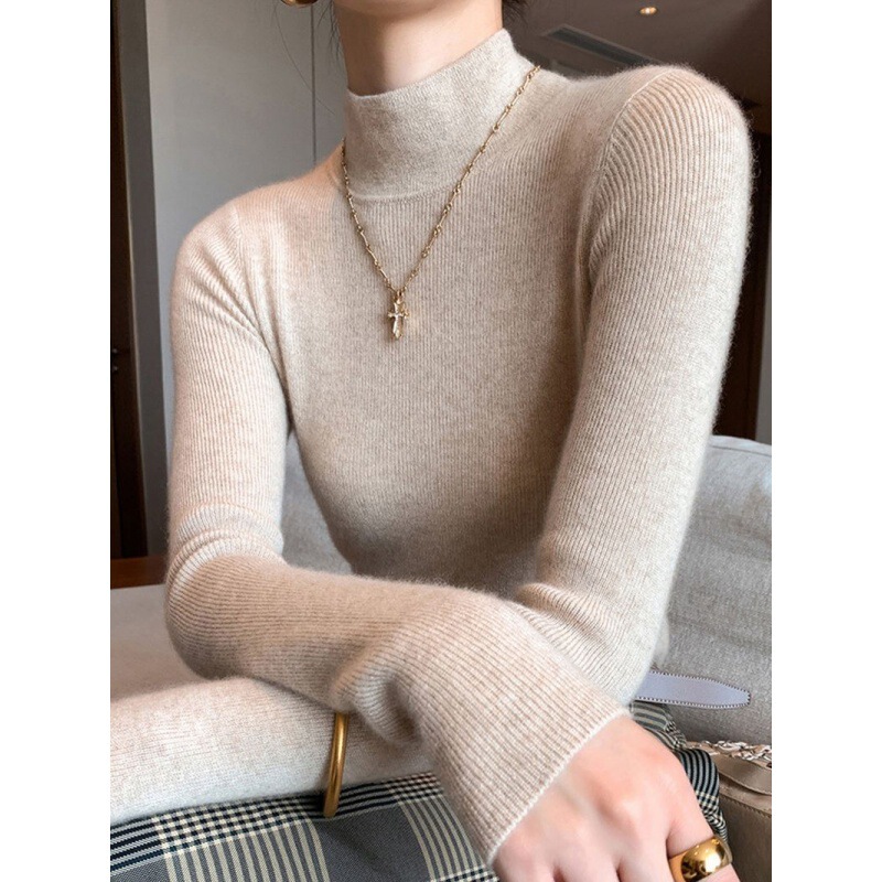 High-Bottom Fashionable Half-Turtleneck Knitwear for Women, Autumn and Winter Tops, Slim-Fitting Long-Sleeved, Slim Mid-Collar Inner Wear for Women