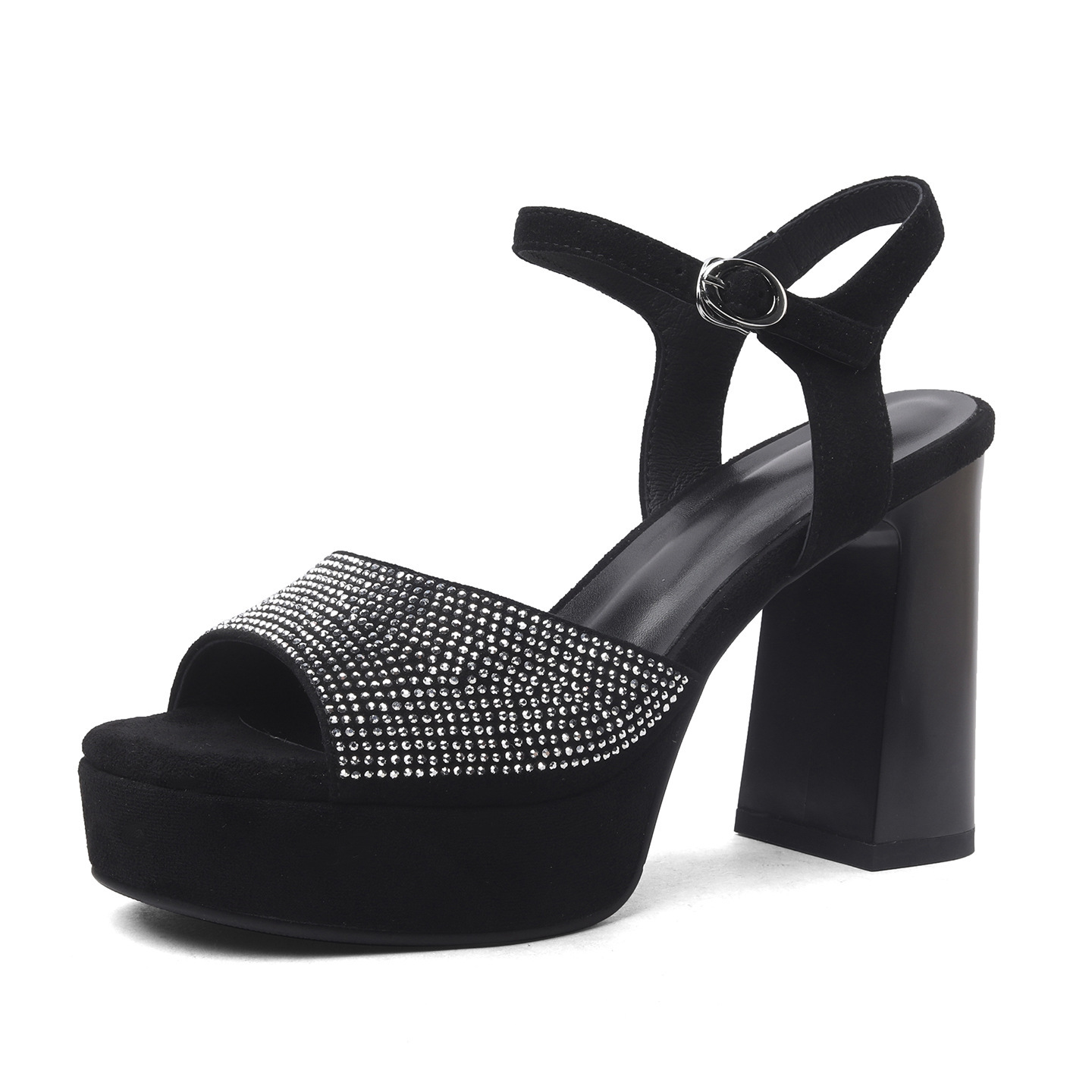 Sandal cao gót nữ hở mũi quai ngang khóa gót 12 cm — đen