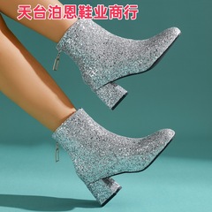 跨境外贸现货新款后拉链圆头方跟pu2025欧美女短靴秋冬新款及踝靴