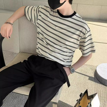 24年新品黑白条纹短袖T恤男夏季韩版宽松休闲半袖体恤打底衫上衣